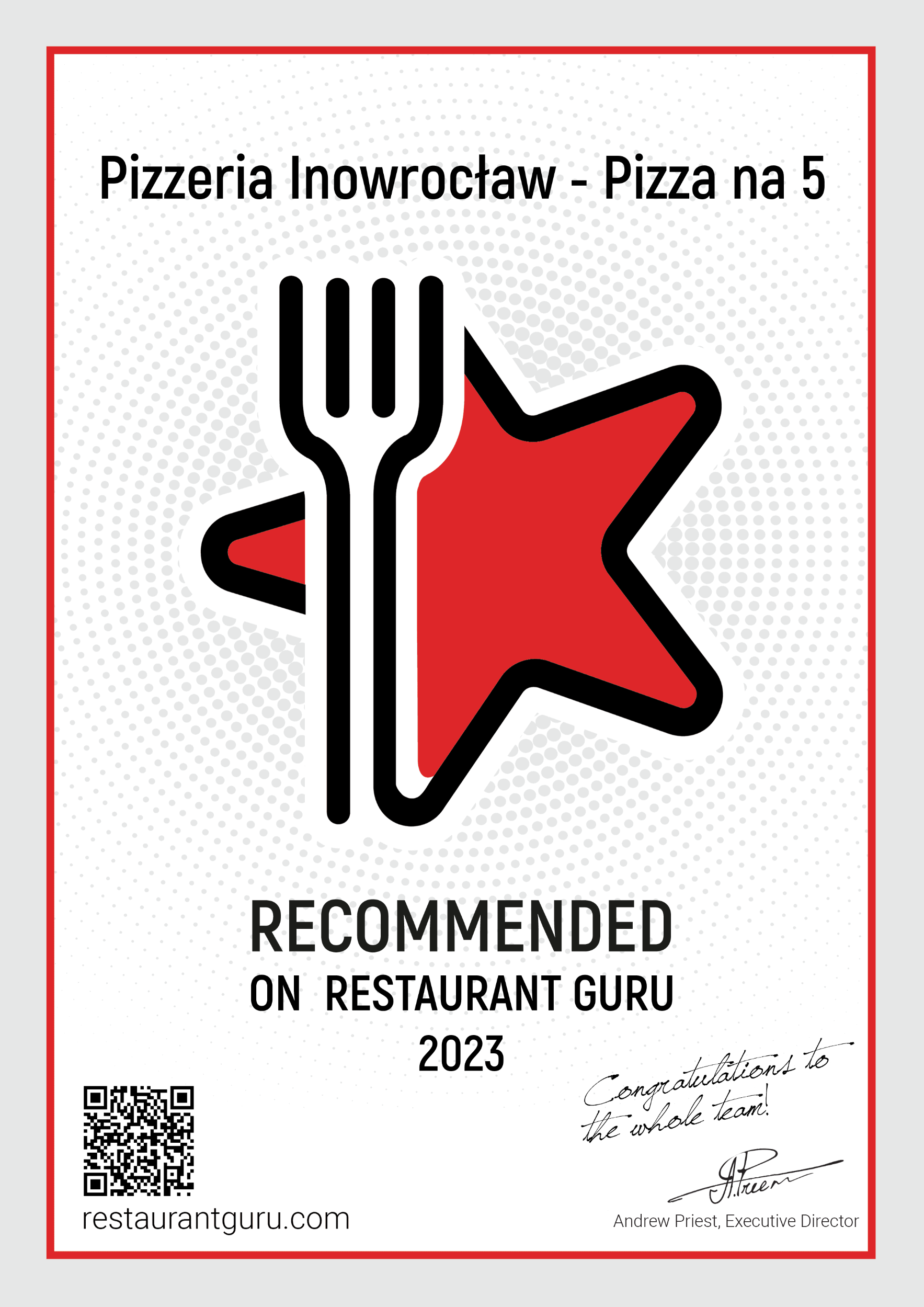 Certyfikat od Restaurant Guru rekomendujący Pizza na 5